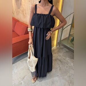 Black Zara Fold Over Eyelit Cutouts Cotton Maxi Dress Tie Straps Size Medium